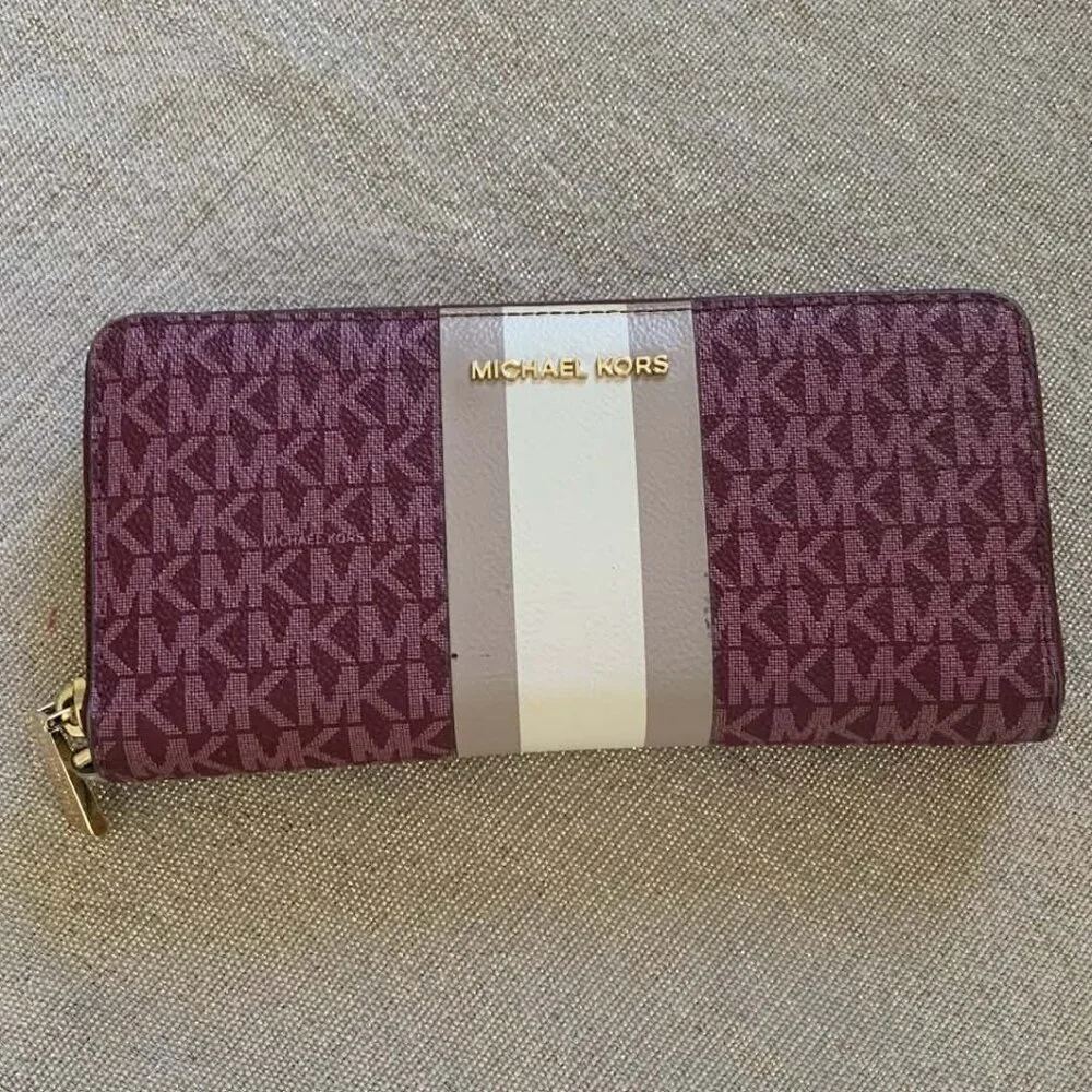 Michael Kors Burgundy/Pink Jet Set Travel Logo Stripe Continental Wallet